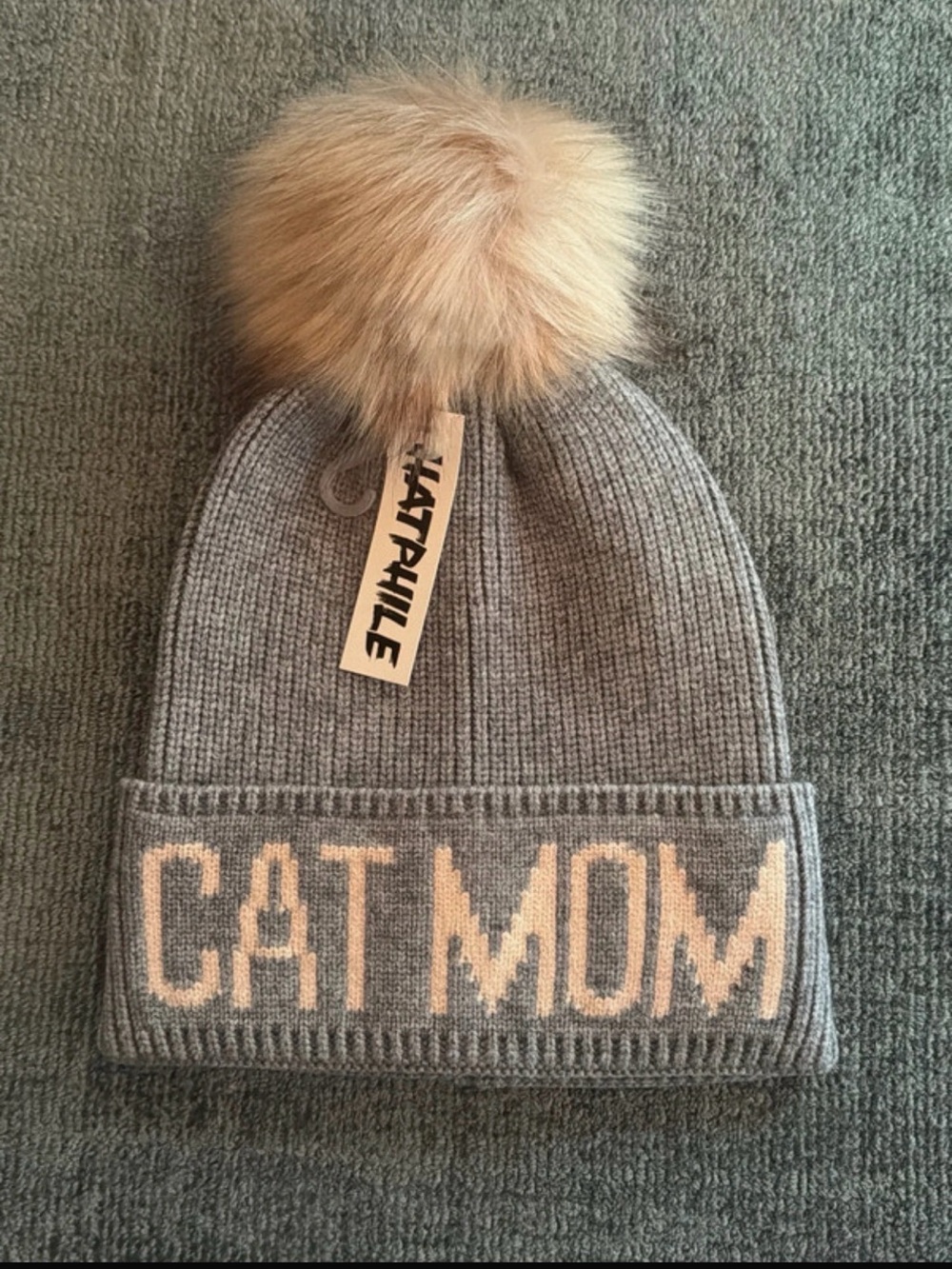 Hatphile Cat Mom grey knit hat cap faux fur pompom new